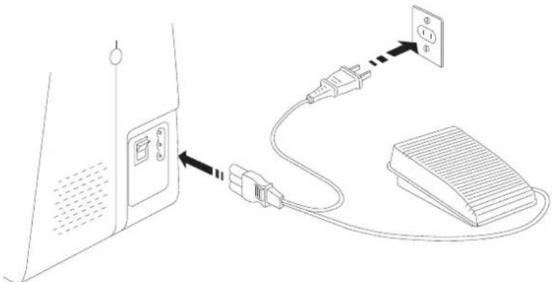 Line drawing of a device connection showing cable routing from a device to an electrical outlet (no text or symbols present)