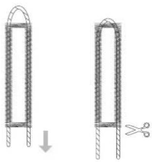 Diagram showing two stages of a rope or cable being cut, with a downward arrow indicating the process (no text or symbols present)