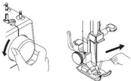 Technical line drawing of a sewing machine with hand operating controls (no text or symbols)