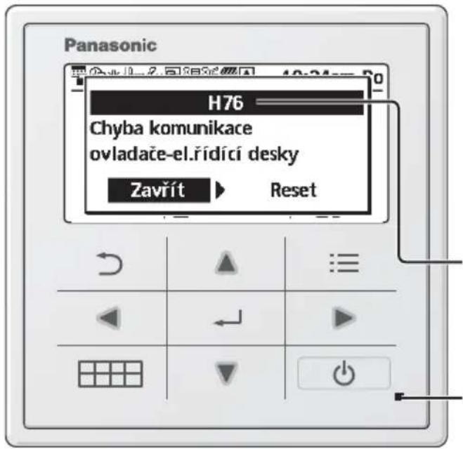 Panasonic H76 Chyba komunikace ovladace-el.rídící desky Zavřít > Reset