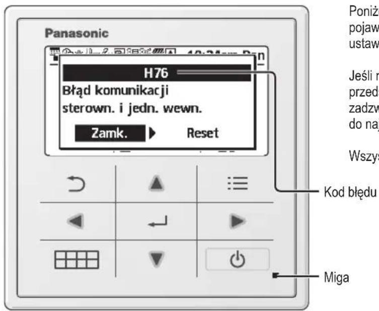 Panasonic H76 Błąd komunikacji sterown. i jedn. wewn. Zamk. ▶ Reset Kod błędu Miga