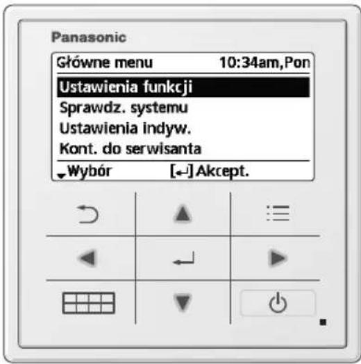 Panasonic Główne menu 10:34am,Pon Ustawienia funkcji Sprawdz. systemu Ustawienia indyw. Kont. do serwisanta Wybór [←] Akcept.