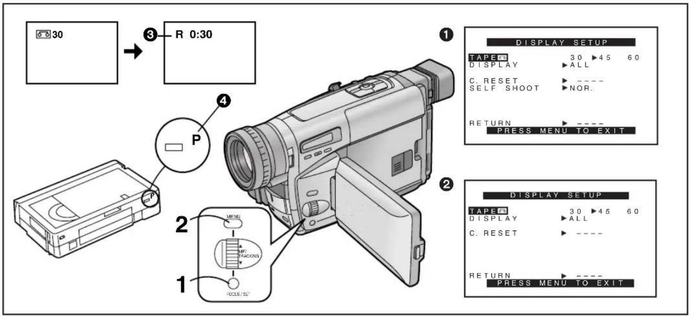 30 R 0:30 1 DISPLAY SETUP TAPE 33 DISPLAY ALL C. RESET SELF SHOOT NOR. RETURN PRESS MENU TO EXIT 2 DISPLAY SETUP TAPE 34 DISPLAY ALL C. RESET RETURN PRESS MENU TO EXIT 3 P P P MENU MF/TRACEN FOCUS/SET