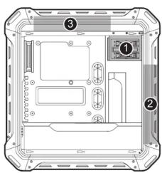 Technical diagram of an electronic device rear panel with numbered components and labeled parts