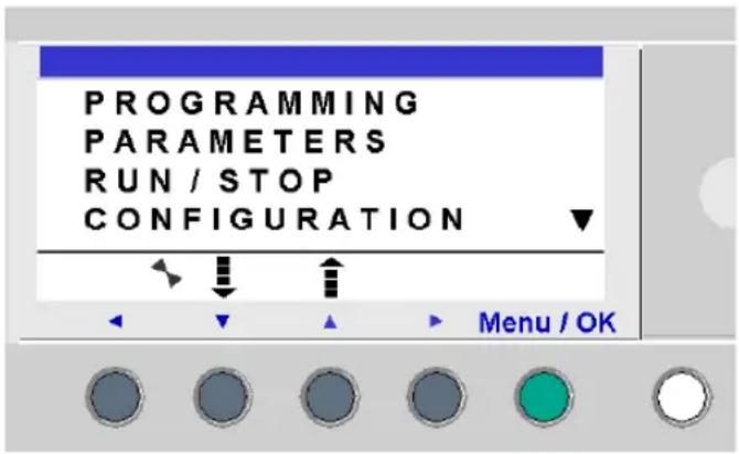 PROGRAMMING PARAMETERS RUN / STOP CONFIGURATION Menu / OK