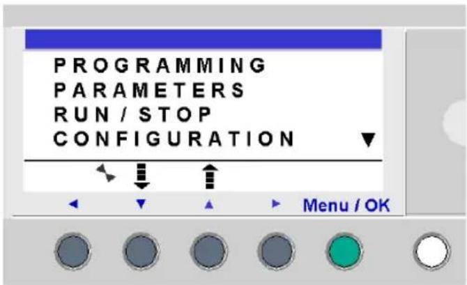 PROGRAMMING PARAMETERS RUN / STOP CONFIGURATION Menu / OK
