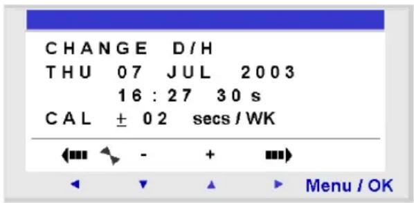 CHANGE D/H THU 07 JUL 2003 16:27 30 s CAL ± 02 secs / WK Menu / OK