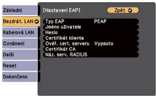 [Nastaveri EAP] Základní Bezdrát. LAN Kabelová LAN Oznámení Další Reset Dokončeno Typ EAP PEAP Jméno uživatele Heslo Certifikát klienta Ověr. cert. serveru Vypnuto Certifikát CA Náz. serv. RADIUS