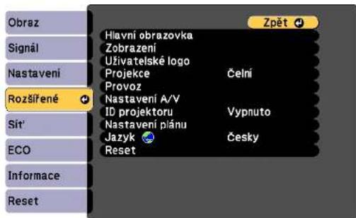 Obraz Signál Nastavení Rozšířené Sít' ECO Informace Reset Hlavní obrazovka Zobrazení Uživatelské logo Projekce Čelní Provoz Nastavení A/V ID projektoru Vypnuto Nastavení plánu Jazyk Česky Reset Zpět