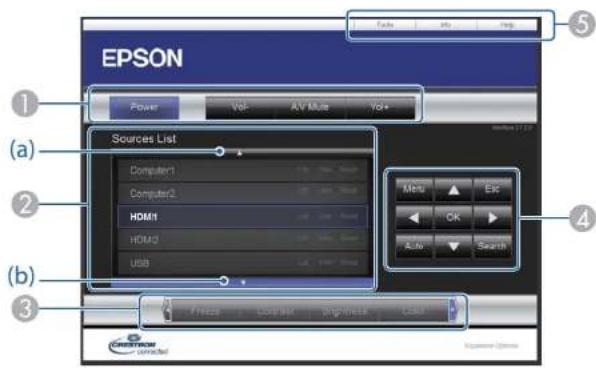 EPSON Power Vol- AV Multi Vol+ (a) Sources List Computer1 Computer2 HDMI HDMI3 USB (b) MEN OK Auto Search Price Log-Net High-Net Color