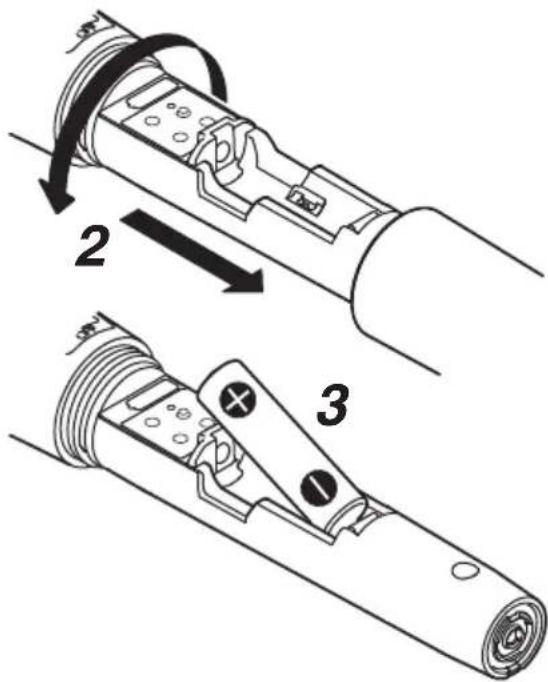 Technical diagram showing two mechanical assembly steps labeled 2 and 3, with arrows indicating motion direction.