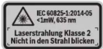 IEC 60825-1:2014-05 <1mW, 635 nm Laserstrahlung Klasse 2 Nicht in den Strahl blicken
