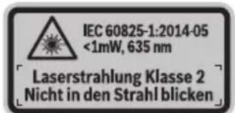 IEC 60825-1:2014-05 <1mW, 635 nm Laserstrahlung Klasse 2 Nicht in den Strahl blicken