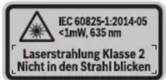IEC 60825-1:2014-05 <1mW, 635 nm Laserstrahlung Klasse 2 Nicht in den Strahl blicken