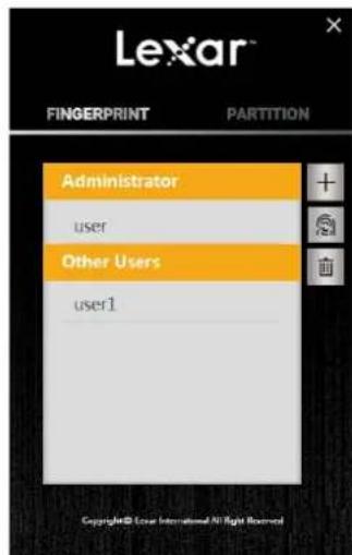 Lexar FINGERPRINT PARTITION Administrator user Other Users user1 Copyright© Loeur International All Right Reserved