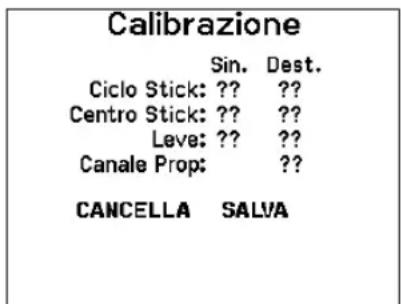 Calibrazione Sin. Dest. Ciclo Stick: ?? ??? Centro Stick: ?? ??? Leve: ?? ??? Canale Prop: ??? CANCELLA SALVA