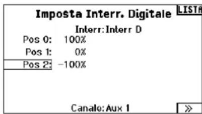 Imposta Interr. Digitale LISTA Interr: Interr D Pos 0: 100% Pos 1: 0% Pos 2: -100% Canalo: Aux 1 >>
