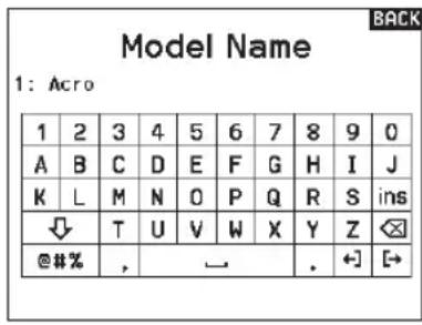 Model Name 1: Acro 1 2 3 4 5 6 7 8 9 0 A B C D E F G H I J K L M N O P Q R S ins ↓ T U V W X Y Z ✉ @#% , → . ←] [→