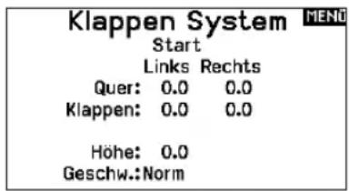 Klappen System Start Links Rechts Quer: 0.0 0.0 Klappen: 0.0 0.0 Höhe: 0.0 Geschw.:Norm