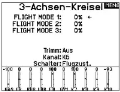 3-Achsen-Kreisel MENO FLIGHT MODE 1: 0% ← FLIGHT MODE 2: 0% FLIGHT MODE 3: 0% Trimm: Aus Kanal: K6 Schalter: Flugzust. -100 0 0 100 0 100 9 0 -93 GAS O3 RHR LHR EII GY1 K7 KB K9 K10