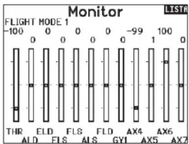 Monitor FLIGHT MODE 1 -100 0 0 0 0 0 -99 100 THR ELD FLS FLD AX4 AX6 LISTA ALD FLS ALS GY1 AX5 AX7