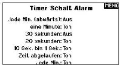 Timer Schalt Alarm Jede Min. (abwärts): Aus eine Minute: Ton 30 sekunden: Aus 20 sekunden: Ton 10 Sek. bis 1 Sek.: Ton Zeit abgelaufen: Ton Jede Min.: Ton