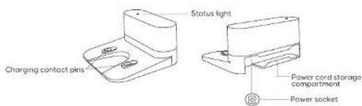 Status light Charging contact pins Power cord storage compartment Power socket