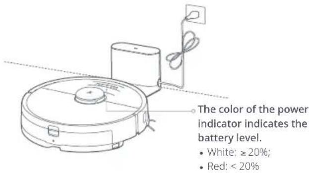 The color of the power indicator indicates the battery level. • White: ≥20%; • Red: <20%