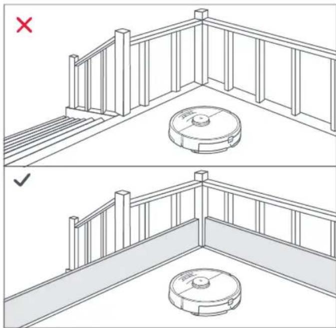 Technical diagram showing two views of a robotic device mounted on a railing, with a red X and checkmark indicators.