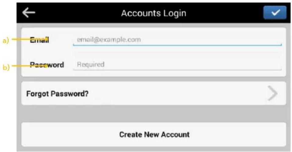 Accounts Login a) Email email@example.com b) Password Required Forgot Password? Create New Account