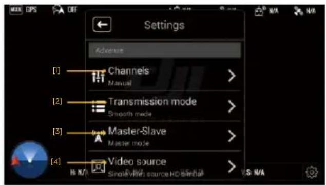 Settings Adverse [1] Channels Manual > [2] Transmission mode Smooths mode > [3] Master-Slave Master mode > [4] Video source Single video source HD/MB/BA V.S. N/A