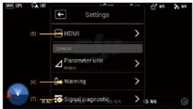 Settings [5] HDMI > General Parameter unit Metric > [6] Warning > [7] Signal diagnostic > V.S. N/A