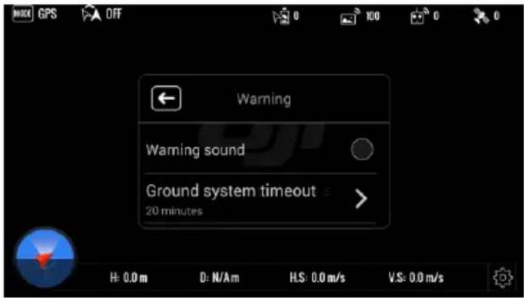 WARNING Warning sound Ground system timeout 20 minutes H: 0.0 m D: N/A m H.S: 0.0 m/s V.S: 0.0 m/s