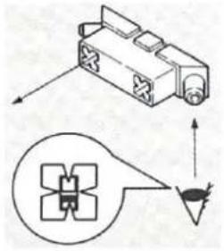 Technical diagram showing a mechanical component with directional arrows and a schematic symbol below it.