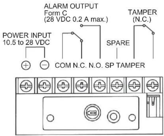 POWER INPUT 10.5 to 28 VDC ALARM OUTPUT Form C (28 VDC 0.2 A max.) COM N.C. N.O. SP TAMPER SPARE TAMPER (N.C.)