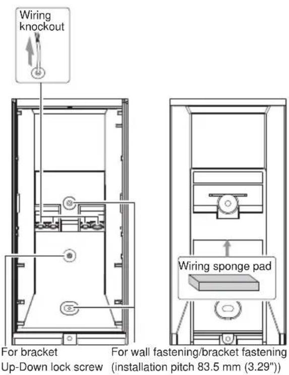 Wiring knockout For bracket Up-Down lock screw For wall fastening/bracket fastening (installation pitch 83.5 mm (3.29")) Wiring sponge pad