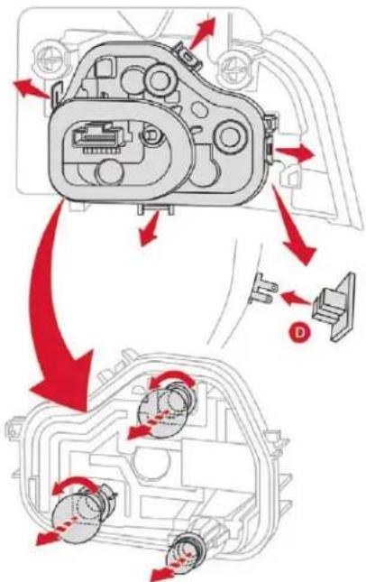Diagram illustrating camera body assembly and rotation mechanism with red arrows indicating direction of motion