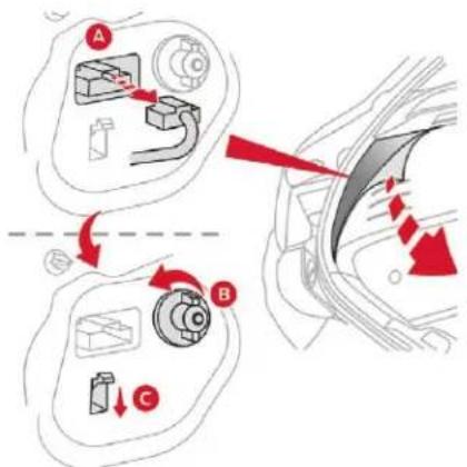 Diagram illustrating car safety instructions with labeled components A, B, and C, showing directional arrows and a red arrow indicating action.