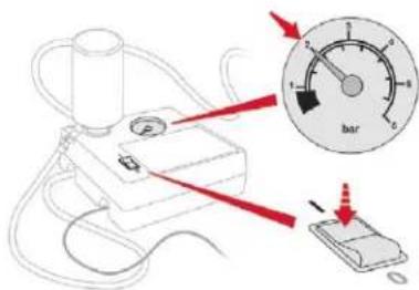 Diagram illustrating a measurement setup with a magnified dial labeled 'bar' and red arrows indicating direction of measurement.