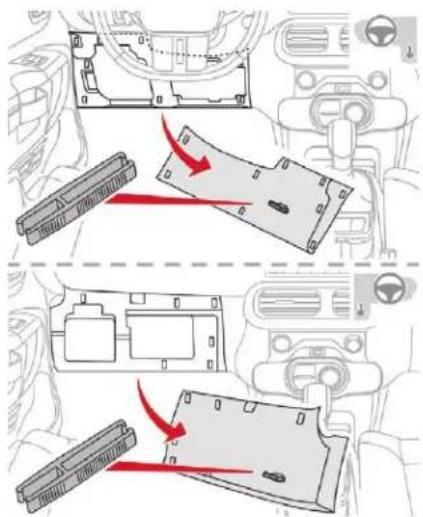 Diagram illustrating vehicle interior components with red arrows indicating movement or force, showing structural changes in the dashboard and dashboard parts.
