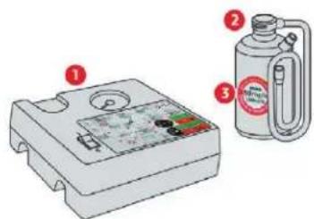 Diagram showing a gas collection device with labeled components and a water bottle, likely illustrating a chemical or industrial process.