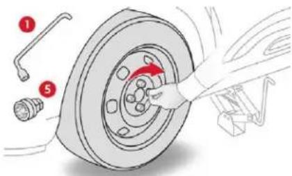 Diagram showing car tire assembly with numbered parts and a hand operating the wheel