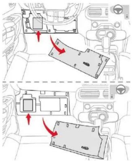 Diagram showing car interior components with red arrows indicating movement or change, likely illustrating vehicle dynamics or safety changes.