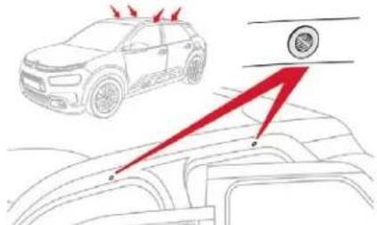 Diagram showing a car with red arrows indicating airflow or traffic, and a circular emblem on the roof.