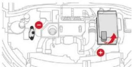 Diagram of a vehicle engine bay with labeled components and directional arrows indicating movement or change.