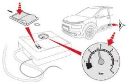 Diagram illustrating car battery charging process with labeled components and gauge reading