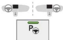 Diagram showing two car dashboard controls connected to a green indicator labeled P, with a circular icon below indicating a warning symbol.