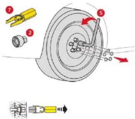 Technical diagram of a mechanical assembly with numbered components and directional arrows indicating motion or force vectors.