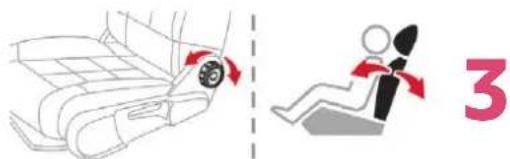 Diagram showing car seat adjustment with red arrows and a numbered step indicator