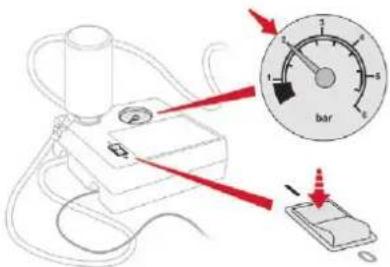 Diagram illustrating a blood pressure measurement setup with labeled components and a gauge showing bar height measurement.